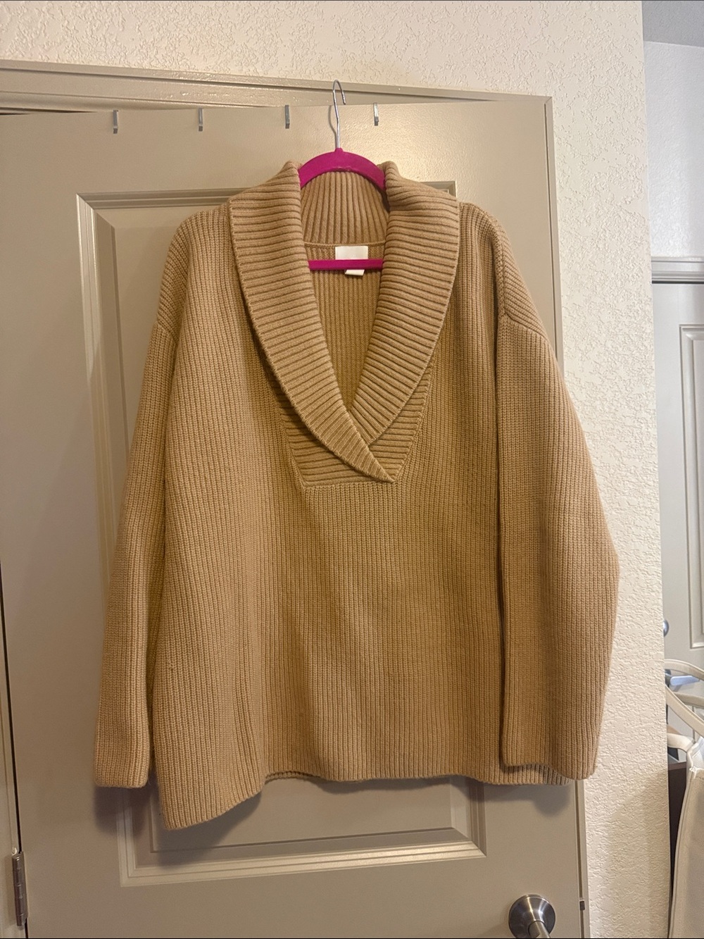 H&M Cozy Shawl Collar Ribbed Sweater - Camel